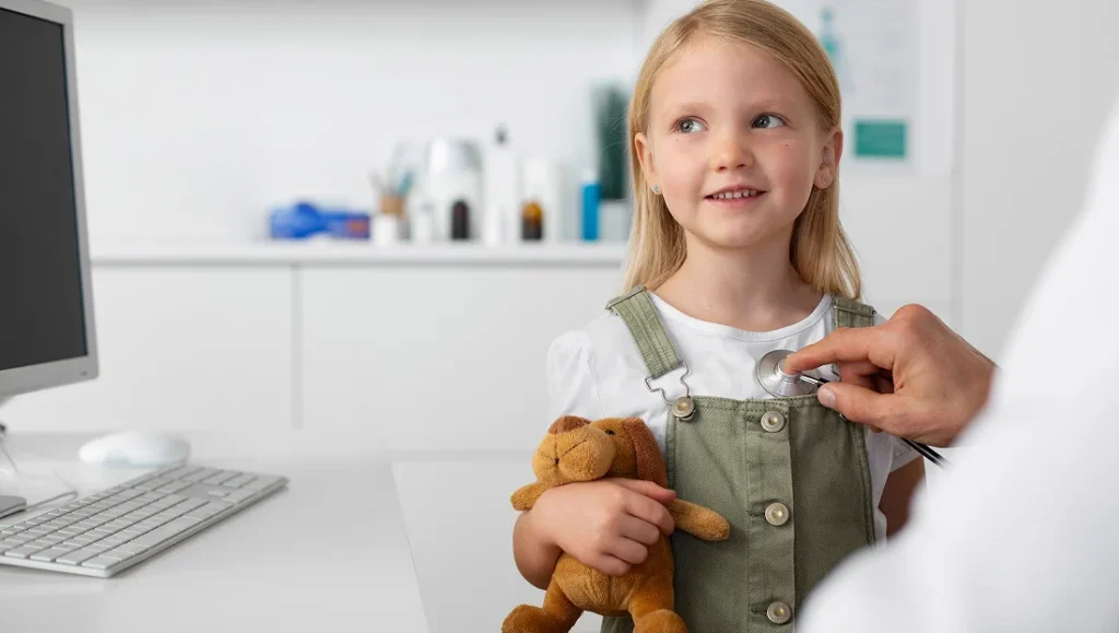 Een jong meisje met een knuffelhondje wordt onderzocht door een arts van Medisch Centrum Gorecht; de arts luistert met een stethoscoop naar haar hartslag.